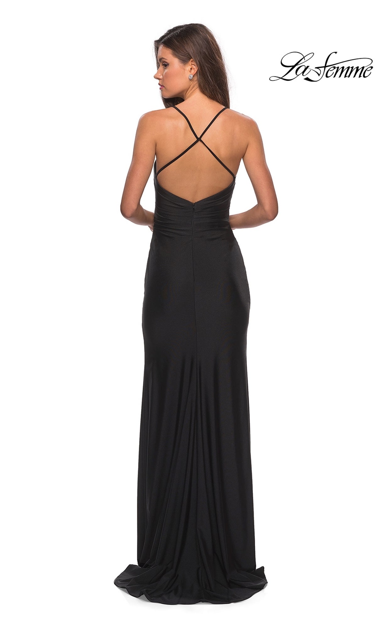 Woman wearing the La Femme Open-Back Long V-Neck Prom Dress 28206, featuring a fitted waist and crisscross straps on an open back, standing against a white background.